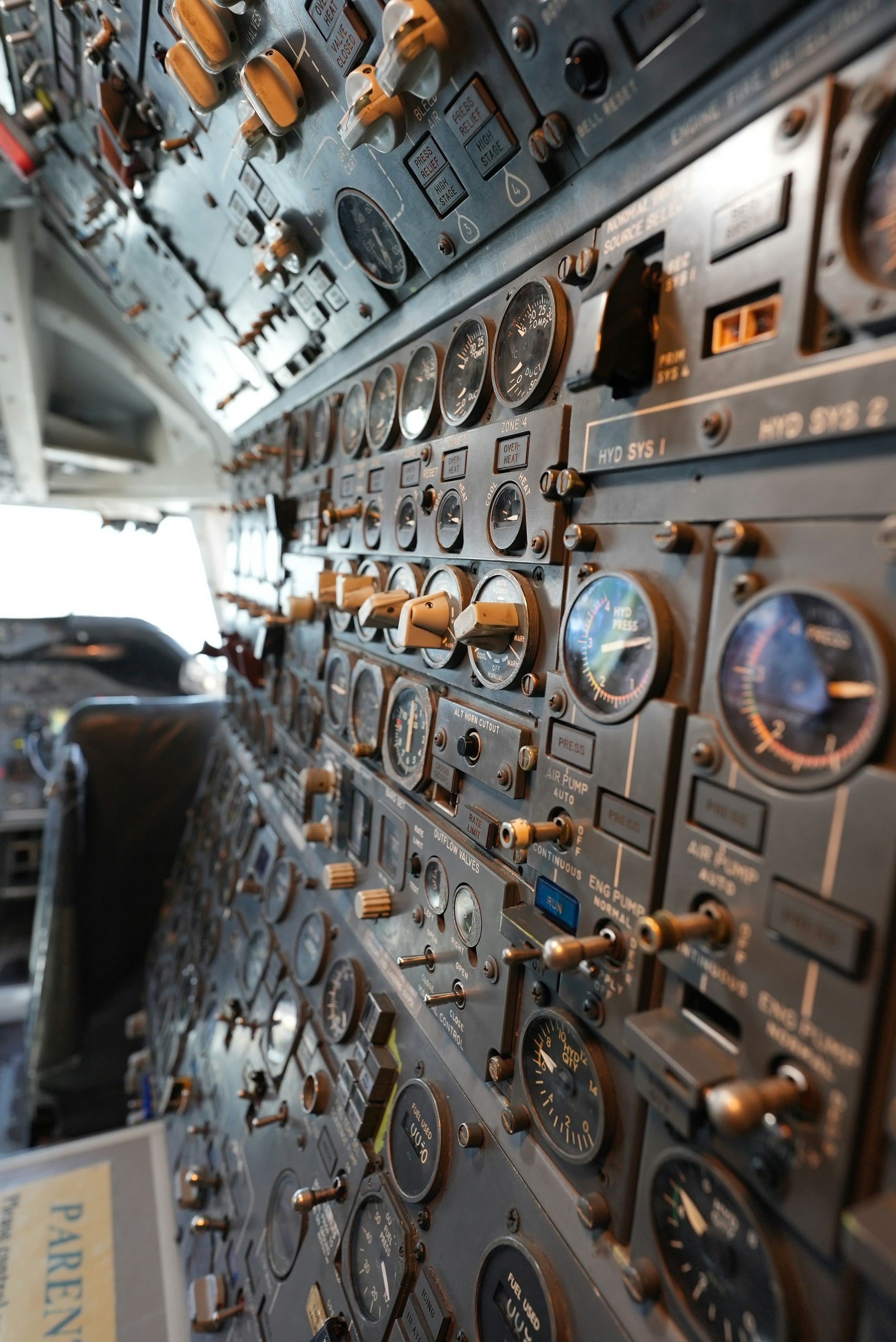 The control panel of an airplane with a lot of dials